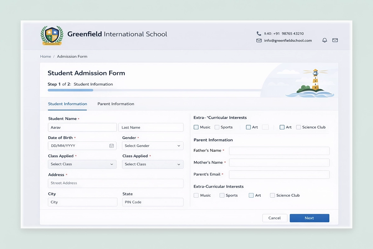 Online School Admission Form Interface seen by parents